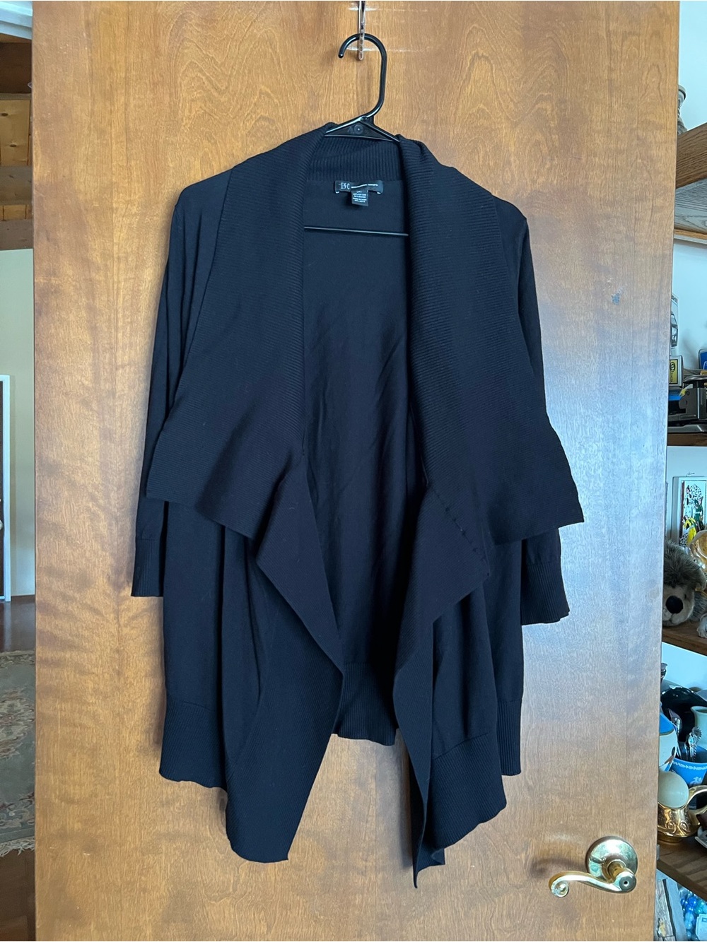 INC International Concepts Black Draped Open-Front Cardigan